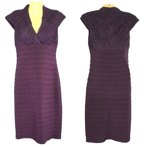 XSCAPE JOANNA CHEN MESH ROSETTE APPLIQUE PLEATED SHEATH EGGPLANT COCKTAIL DRESS - Picture 1 of 13
